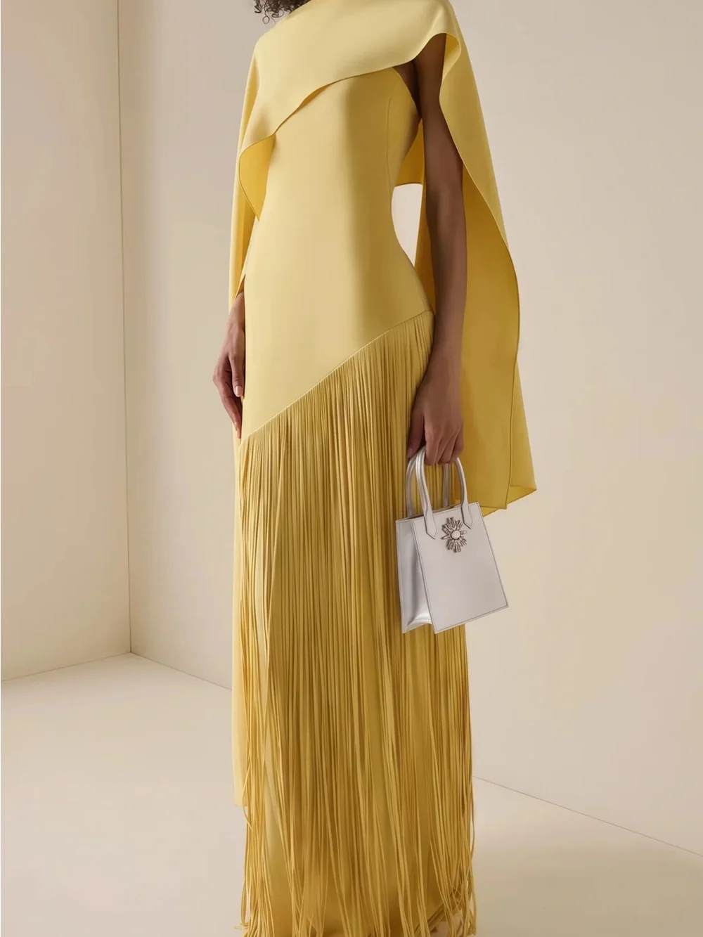 Miss RosierYellow Fringe Cape Gown - Picture 3 of 7